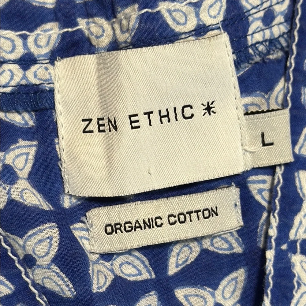 ZEN ETHIC Women's Pistil V Neck A Line Blue White Block Print Patterned Dress L - Picture 3 of 16